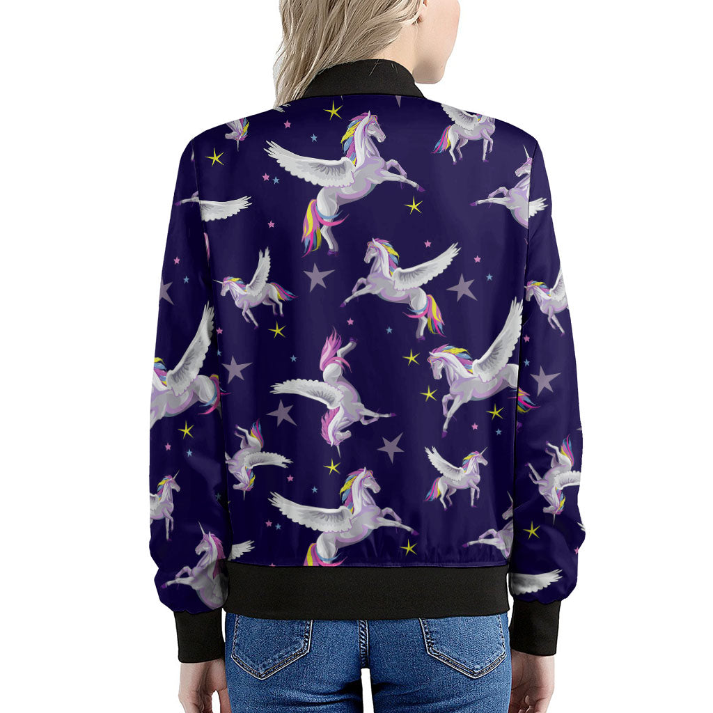 Night Winged Unicorn Pattern Print Women's Bomber Jacket