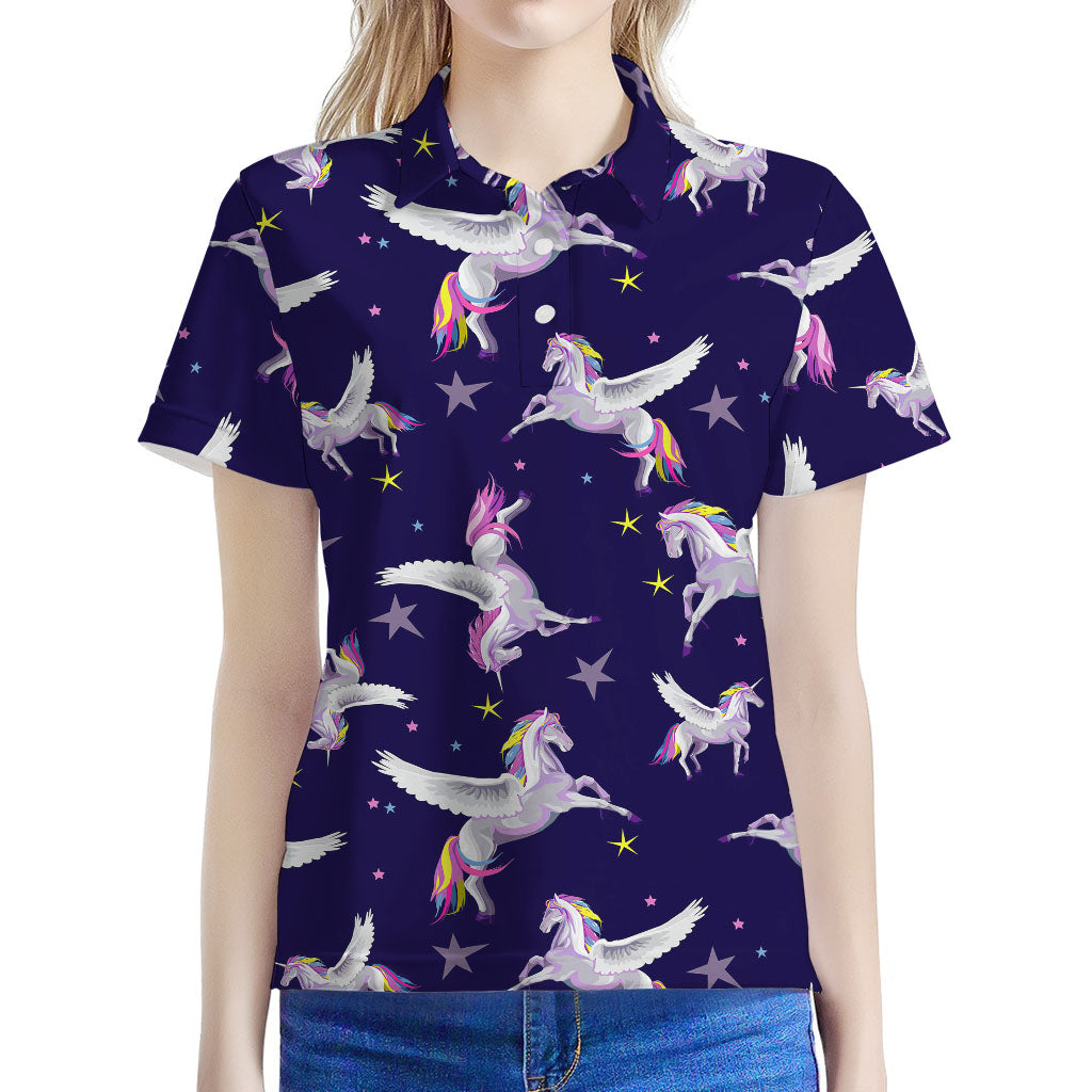 Night Winged Unicorn Pattern Print Women's Polo Shirt