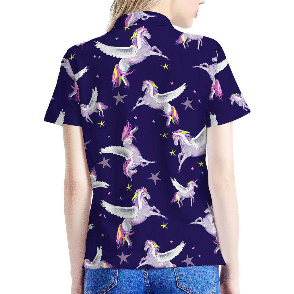 Night Winged Unicorn Pattern Print Women's Polo Shirt