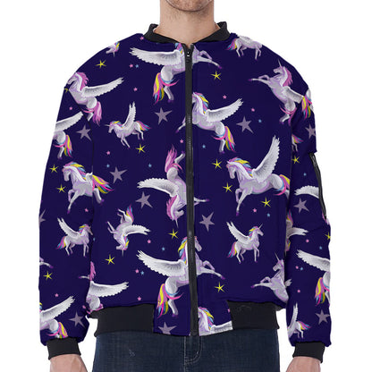 Night Winged Unicorn Pattern Print Zip Sleeve Bomber Jacket