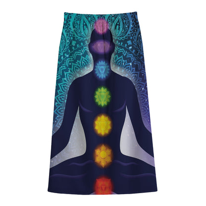 Nine Chakras Aura Print Cotton Front Slit Maxi Skirt