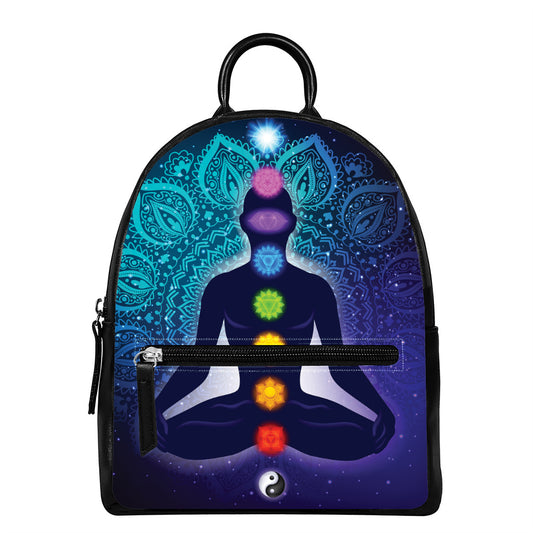 Nine Chakras Aura Print Leather Backpack