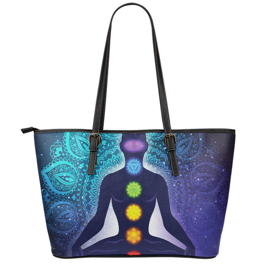 Nine Chakras Aura Print Leather Tote Bag