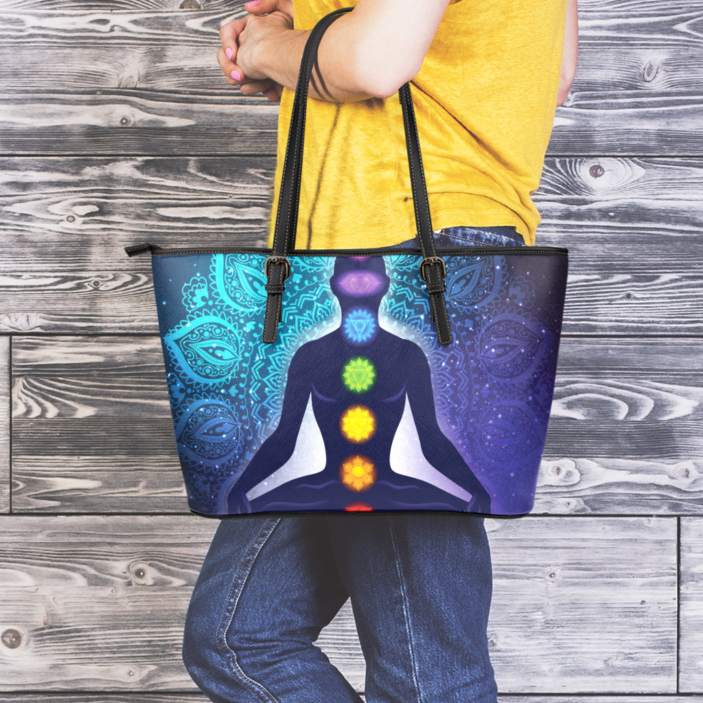 Nine Chakras Aura Print Leather Tote Bag