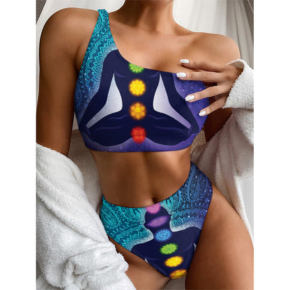Nine Chakras Aura Print One Shoulder Bikini Top