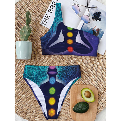 Nine Chakras Aura Print One Shoulder Bikini Top