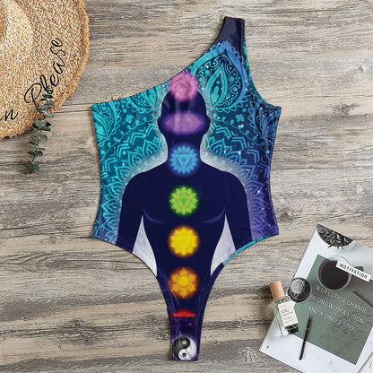 Nine Chakras Aura Print One Shoulder Bodysuit