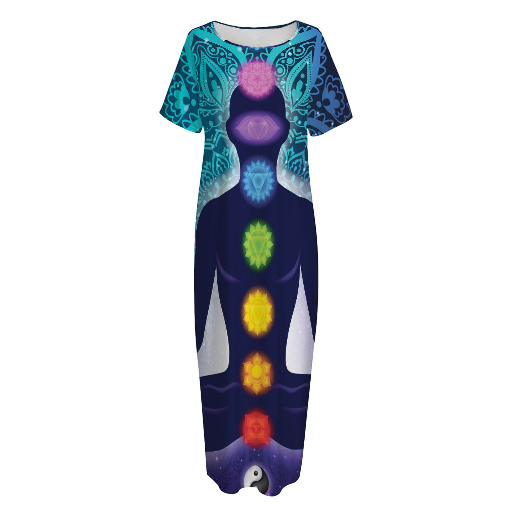 Nine Chakras Aura Print Short Sleeve Long Nightdress