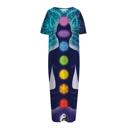 Nine Chakras Aura Print Short Sleeve Long Nightdress