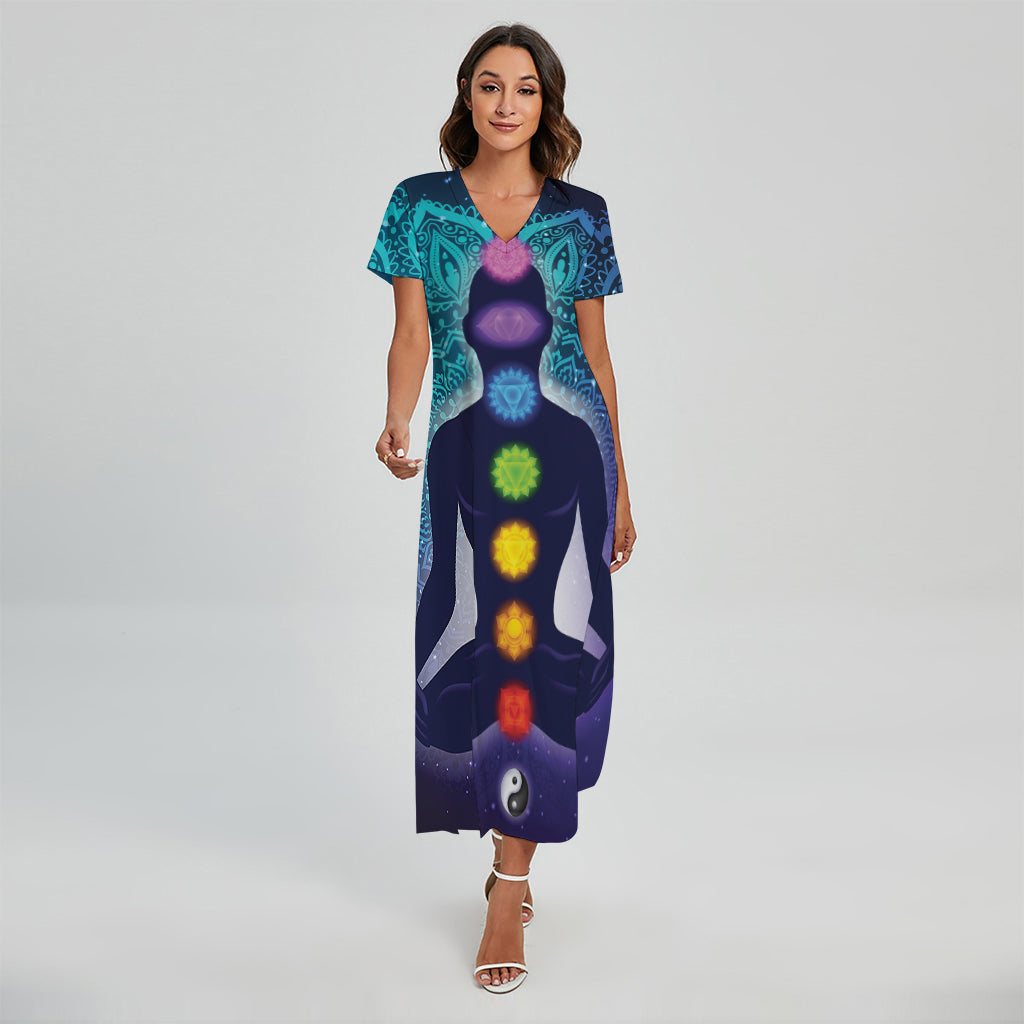 Nine Chakras Aura Print Short Sleeve Maxi Dress