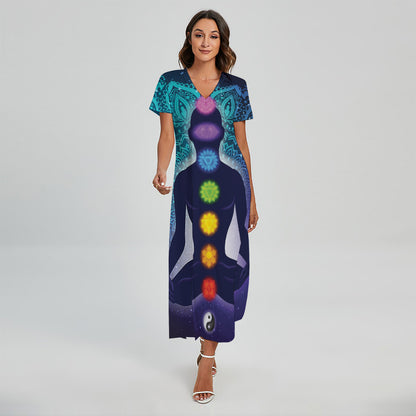 Nine Chakras Aura Print Short Sleeve Maxi Dress
