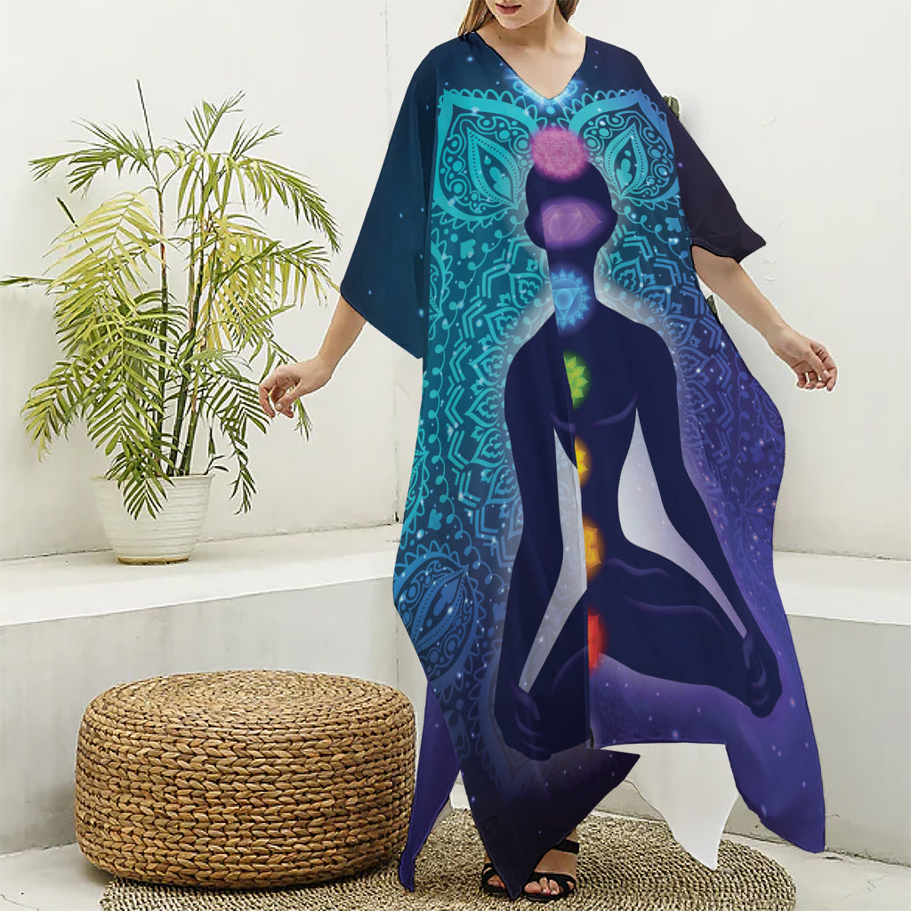 Nine Chakras Aura Print Silk V-Neck Kaftan Dress