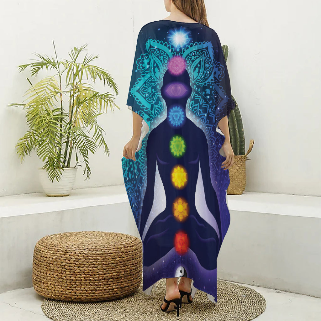 Nine Chakras Aura Print Silk V-Neck Kaftan Dress