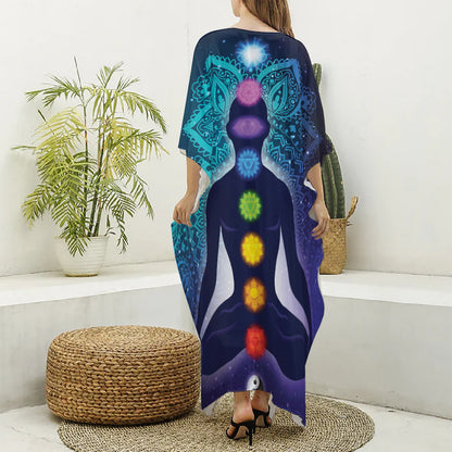 Nine Chakras Aura Print Silk V-Neck Kaftan Dress