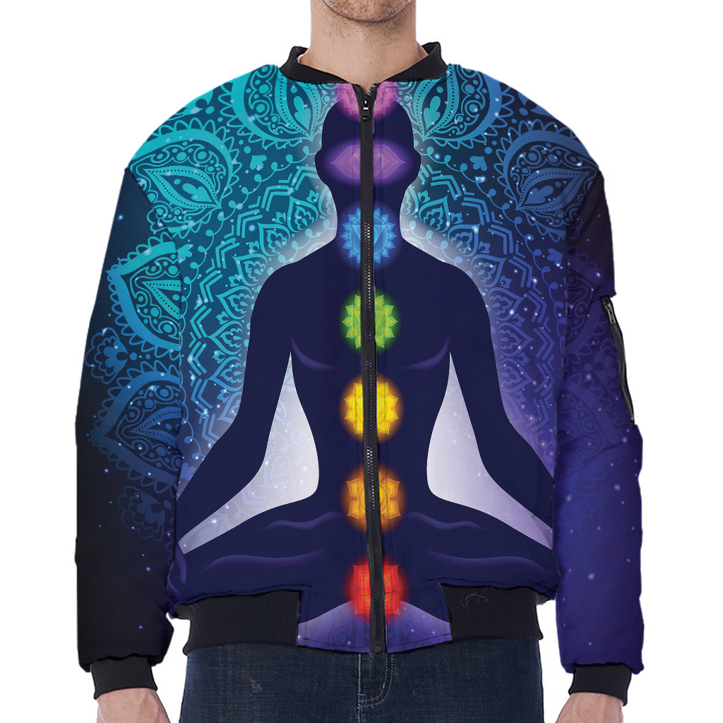 Nine Chakras Aura Print Zip Sleeve Bomber Jacket