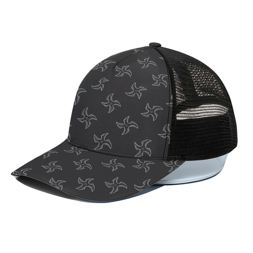 Ninja Shuriken Pattern Print Black Mesh Trucker Cap
