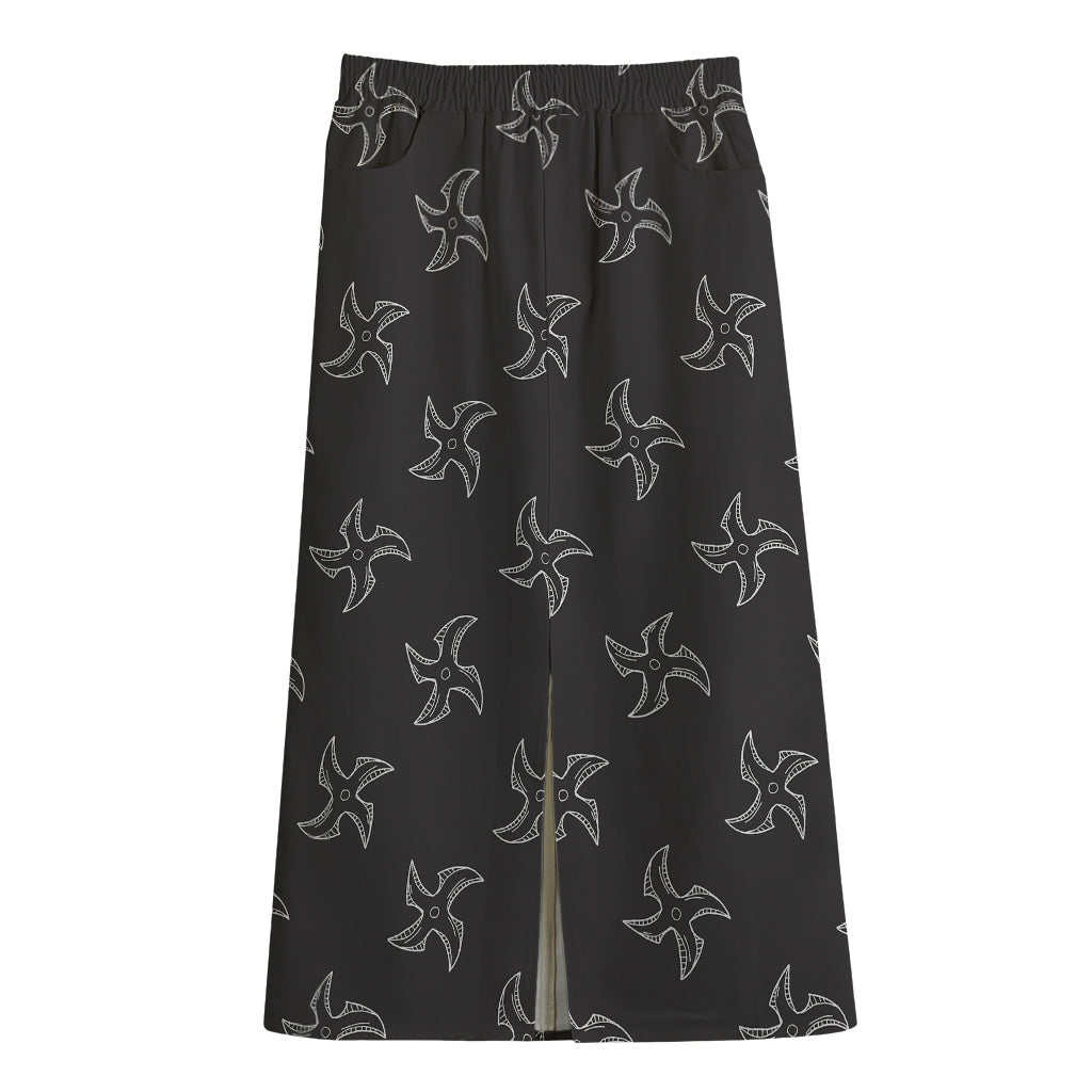 Ninja Shuriken Pattern Print Cotton Front Slit Maxi Skirt
