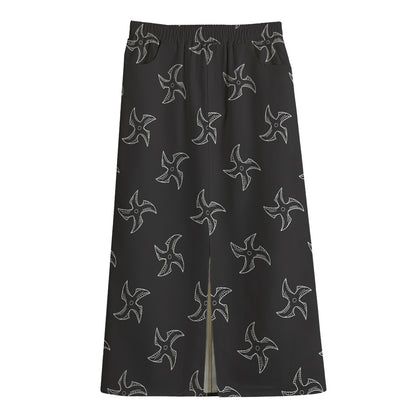 Ninja Shuriken Pattern Print Cotton Front Slit Maxi Skirt