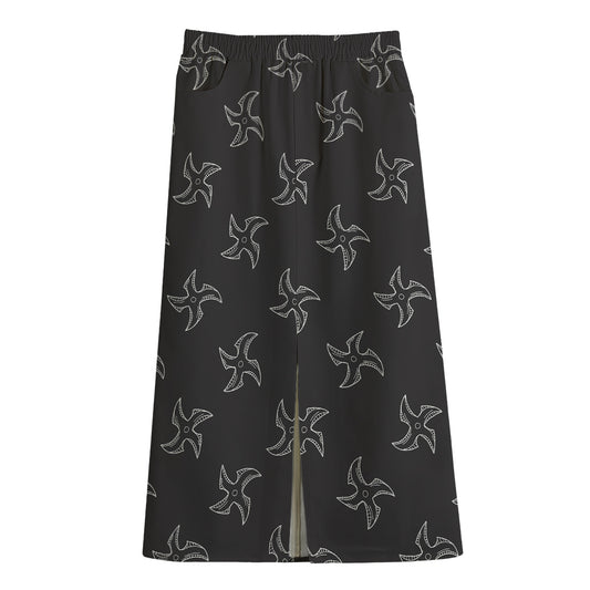 Ninja Shuriken Pattern Print Cotton Front Slit Maxi Skirt