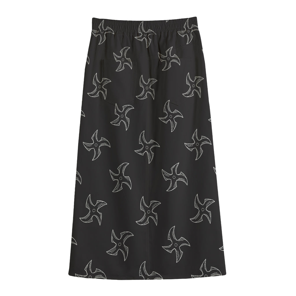 Ninja Shuriken Pattern Print Cotton Front Slit Maxi Skirt