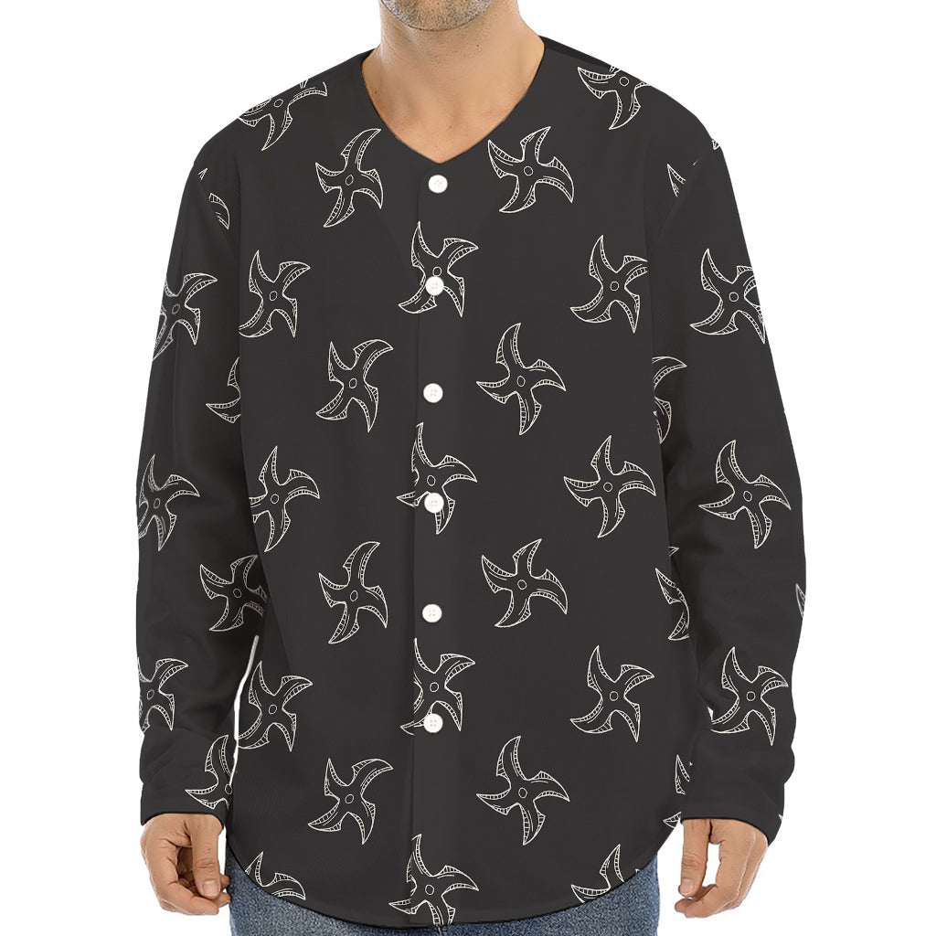 Ninja Shuriken Pattern Print Long Sleeve Baseball Jersey