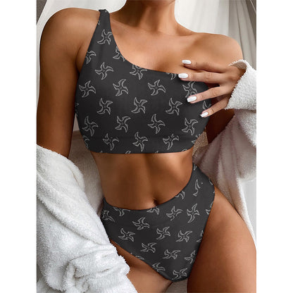 Ninja Shuriken Pattern Print One Shoulder Bikini Top