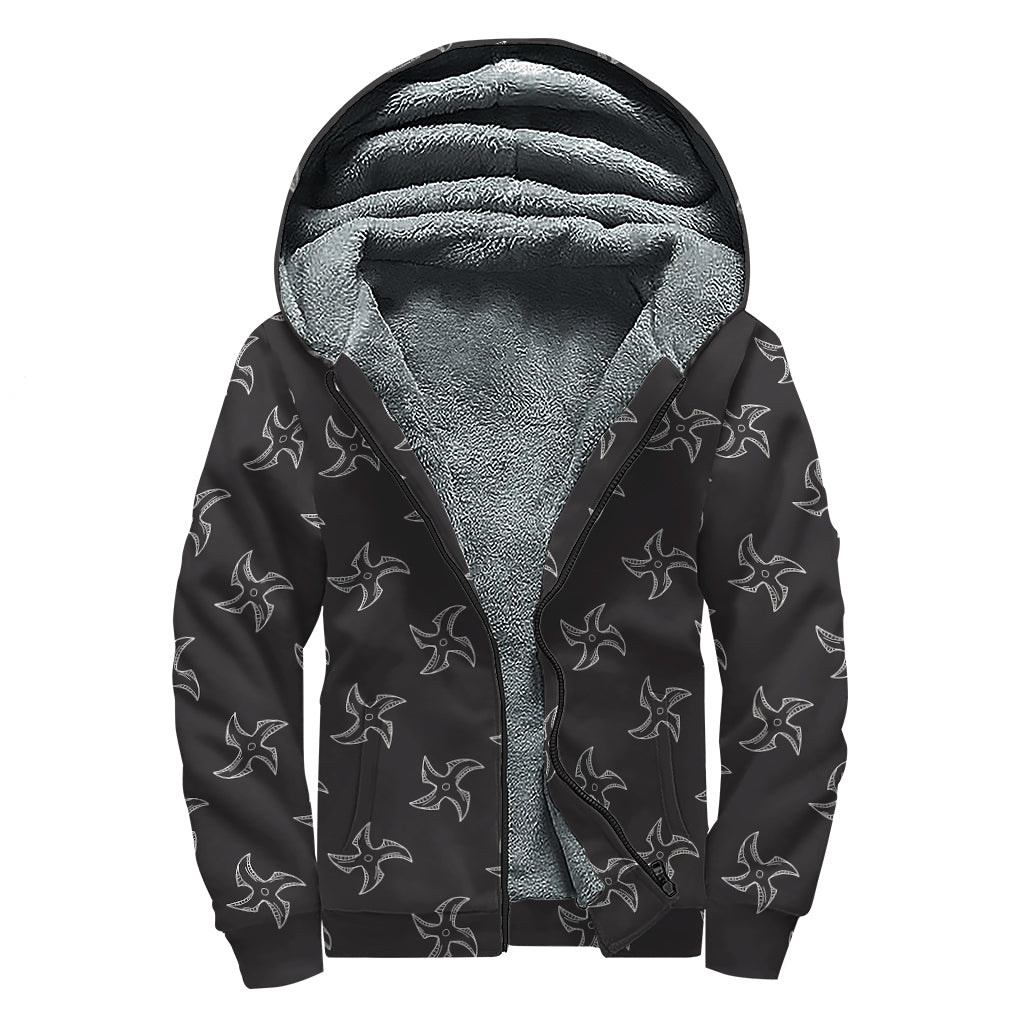 Ninja Shuriken Pattern Print Sherpa Lined Zip Up Hoodie