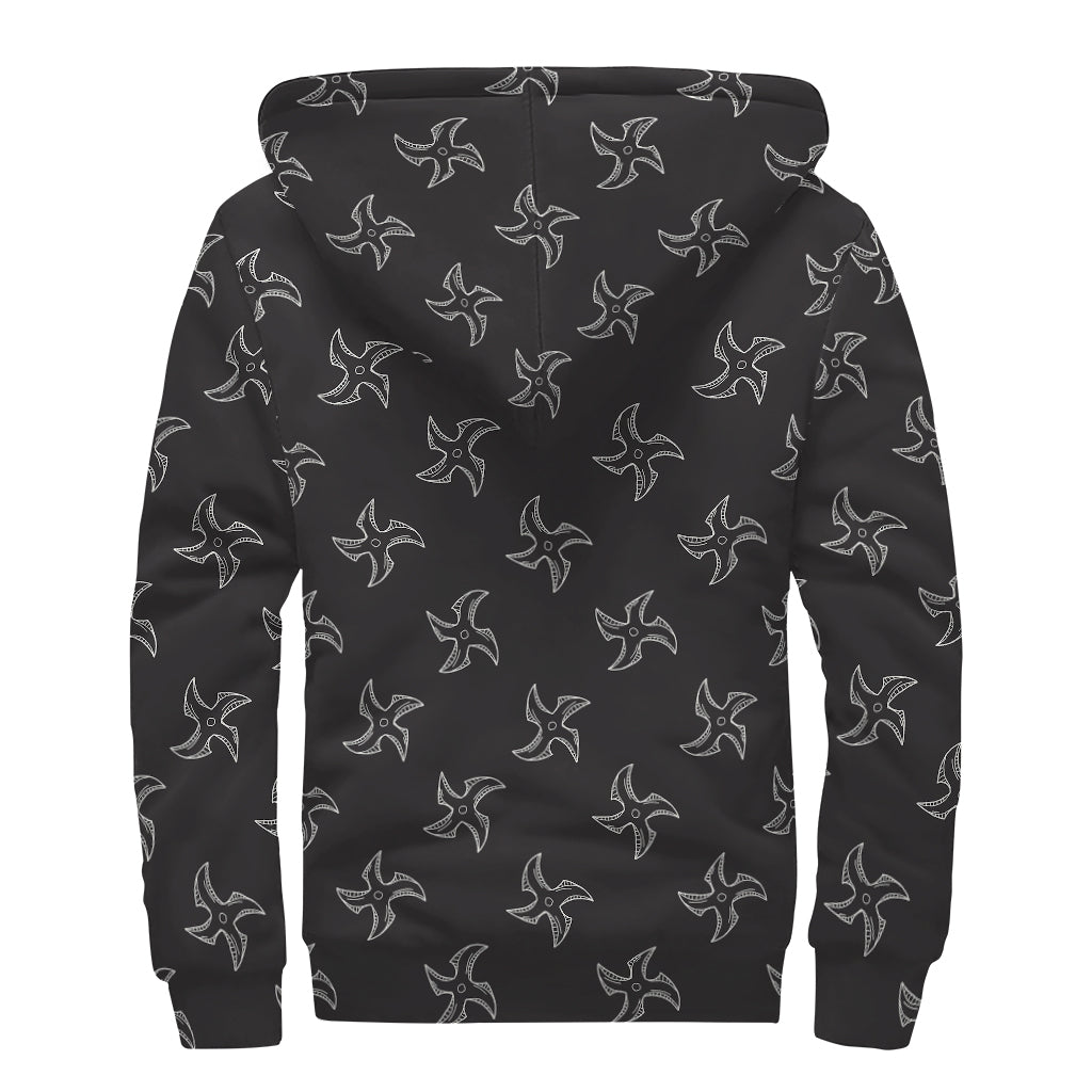 Ninja Shuriken Pattern Print Sherpa Lined Zip Up Hoodie