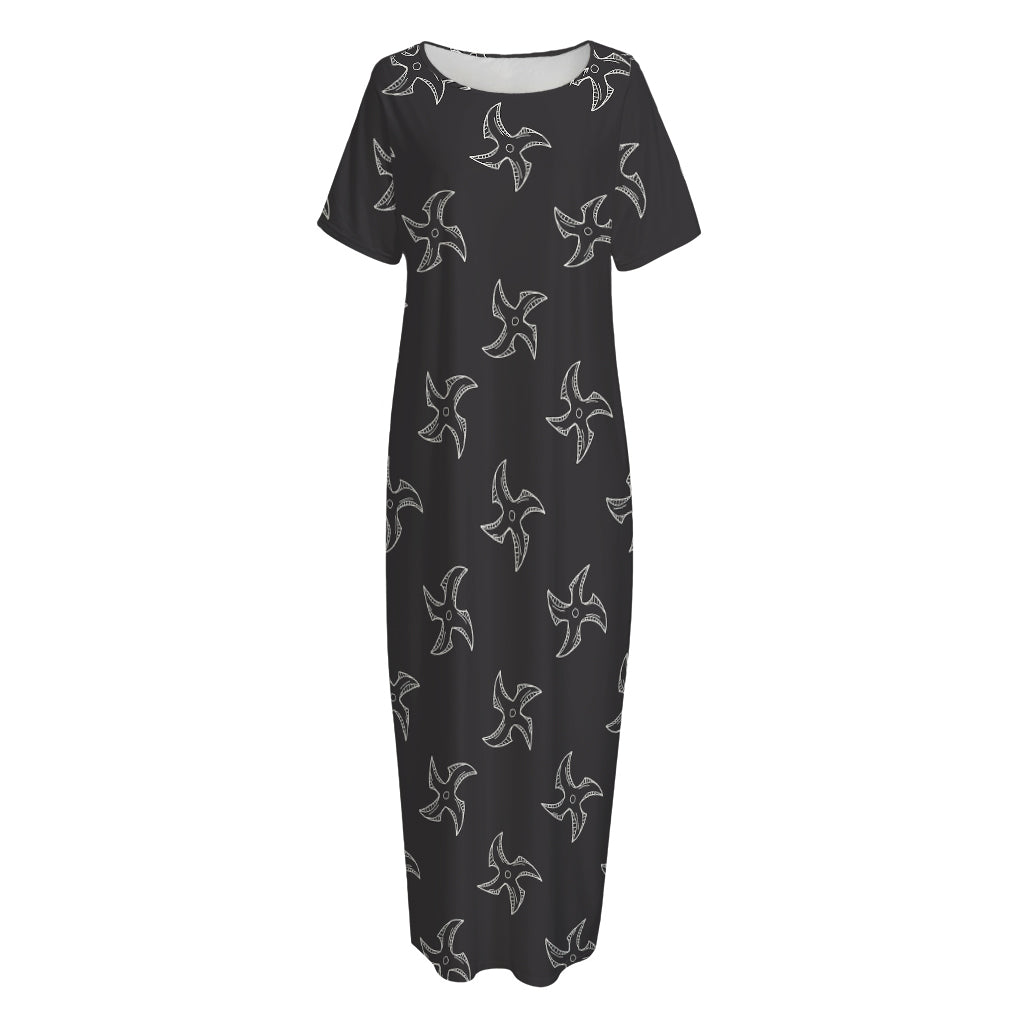 Ninja Shuriken Pattern Print Short Sleeve Long Nightdress