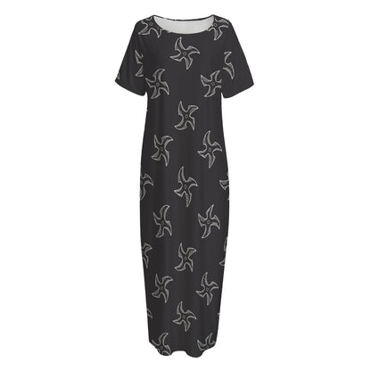 Ninja Shuriken Pattern Print Short Sleeve Long Nightdress