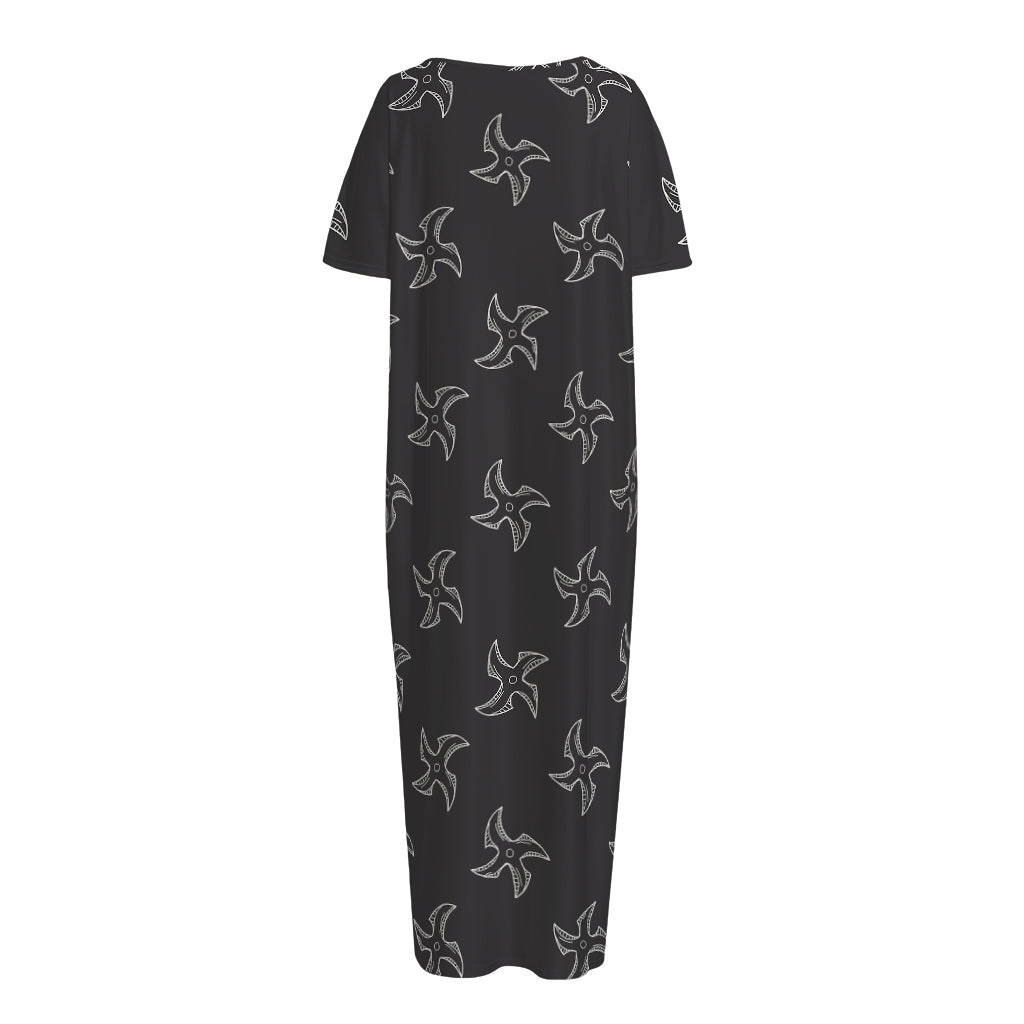 Ninja Shuriken Pattern Print Short Sleeve Long Nightdress