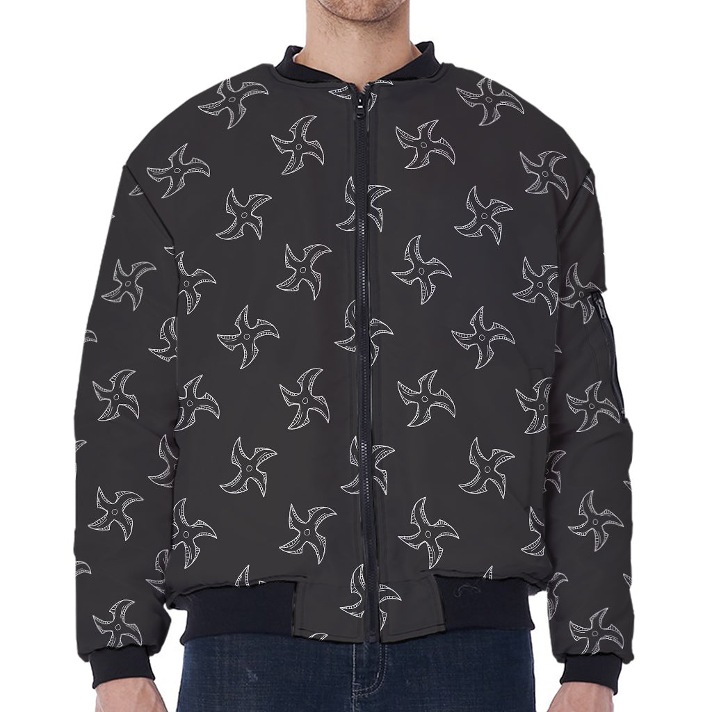 Ninja Shuriken Pattern Print Zip Sleeve Bomber Jacket
