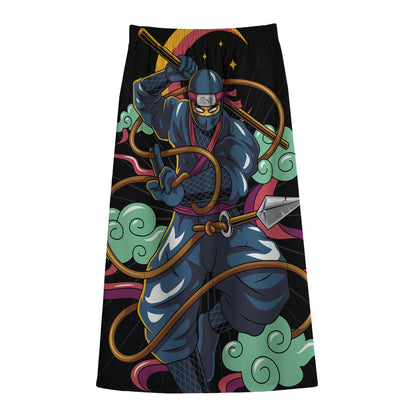 Ninja Warrior Print Cotton Front Slit Maxi Skirt