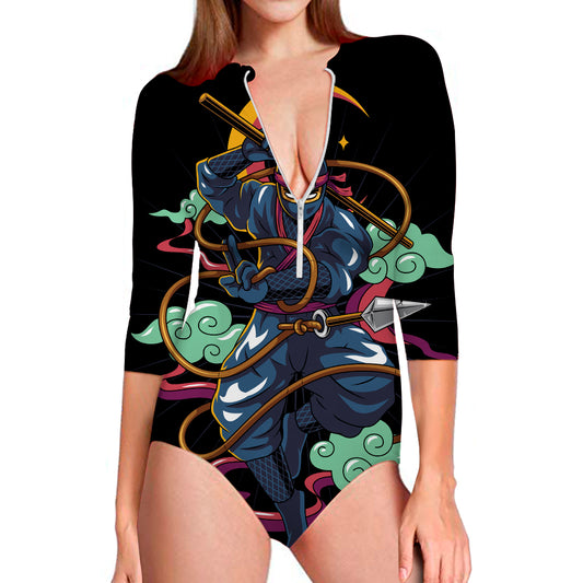 Ninja Warrior Print Long Sleeve Swimsuit