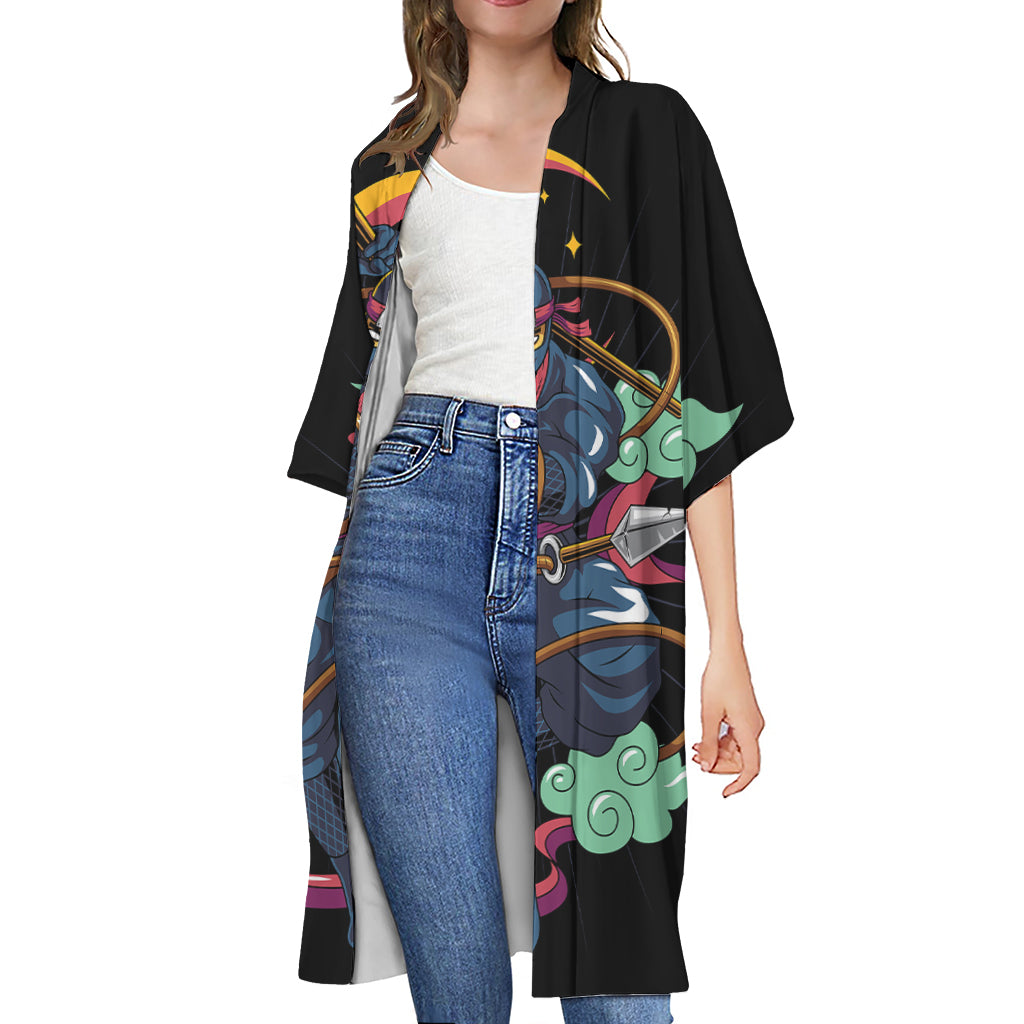 Ninja Warrior Print Open Front Beach Cover Up