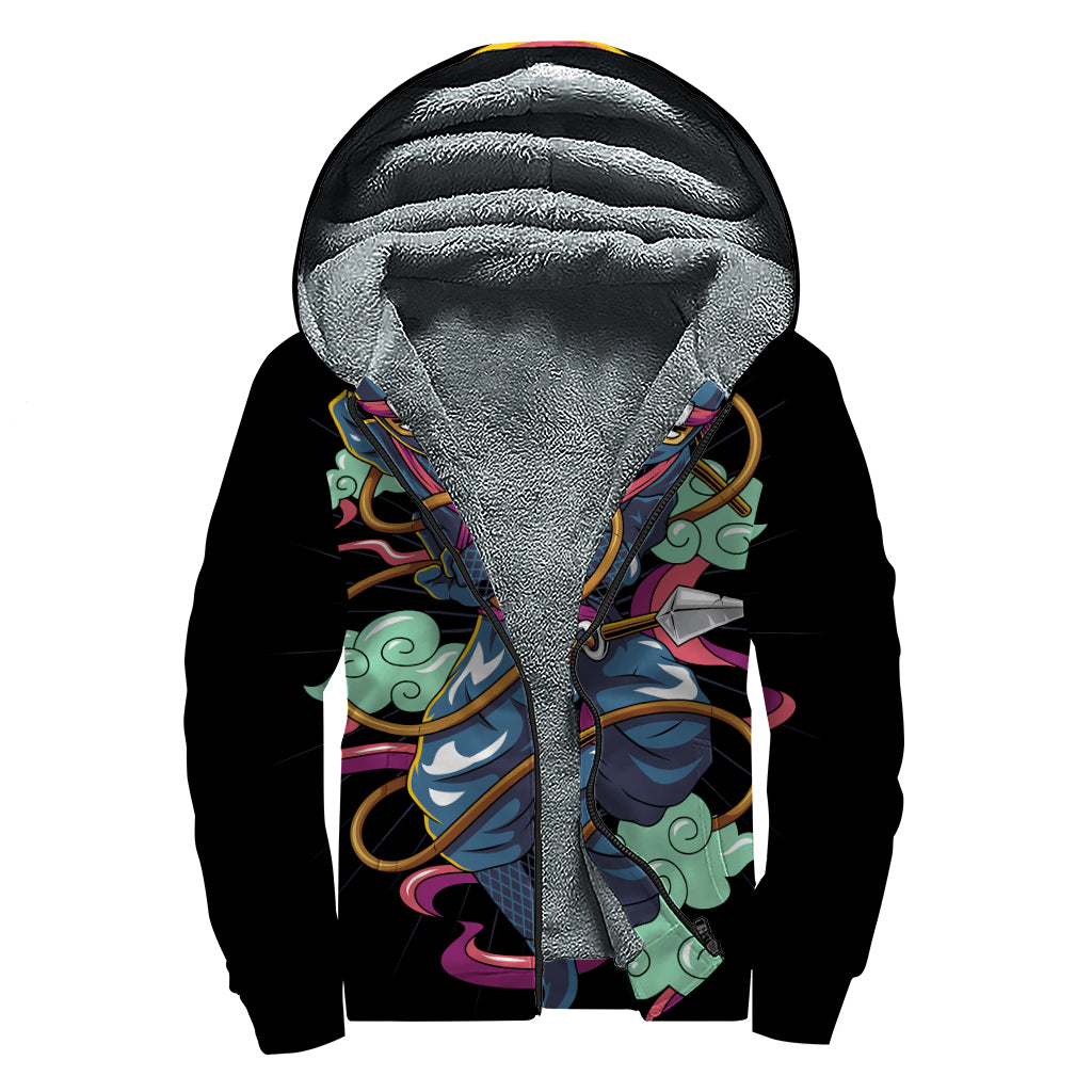Ninja Warrior Print Sherpa Lined Zip Up Hoodie