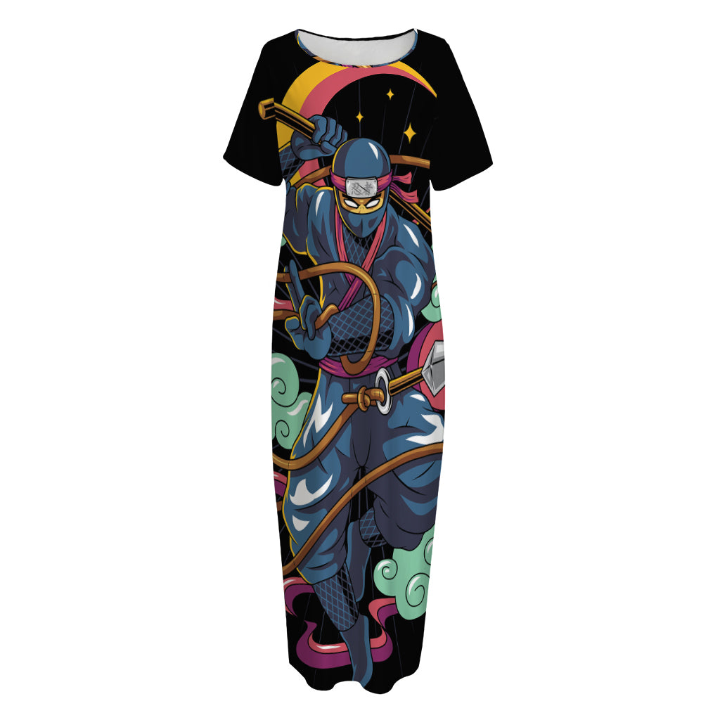 Ninja Warrior Print Short Sleeve Long Nightdress