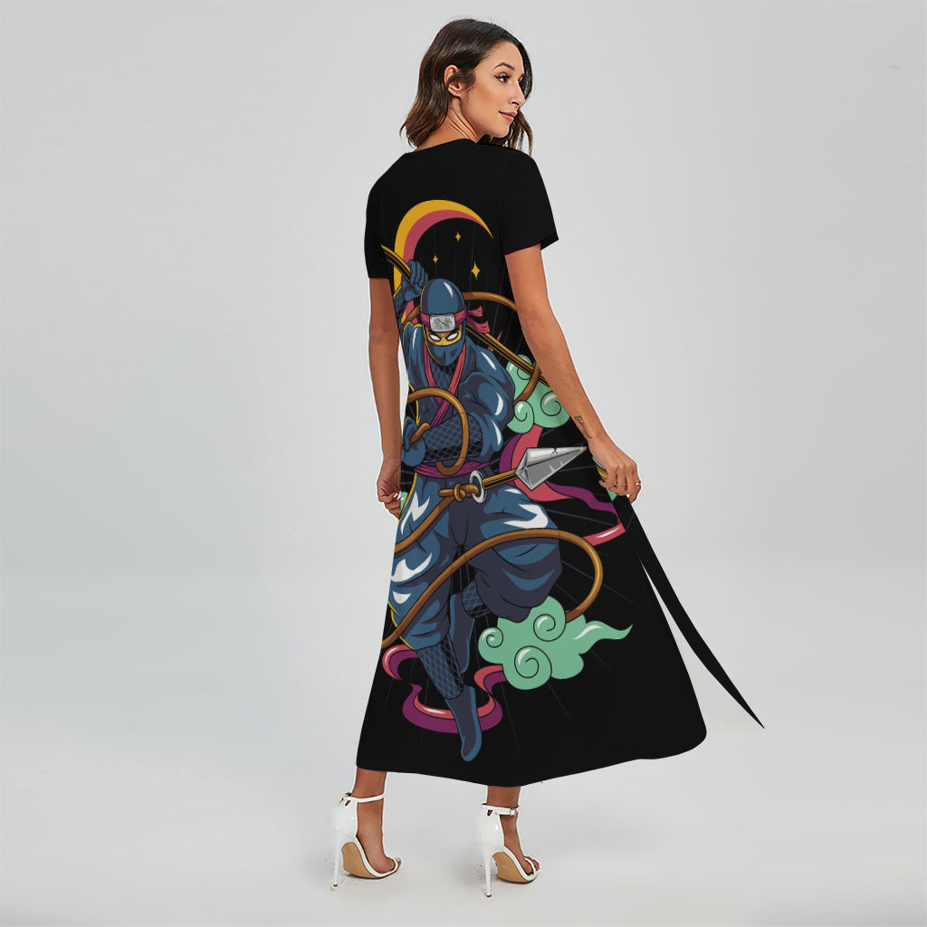 Ninja Warrior Print Short Sleeve Maxi Dress