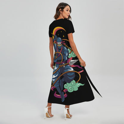 Ninja Warrior Print Short Sleeve Maxi Dress