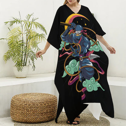 Ninja Warrior Print Silk V-Neck Kaftan Dress