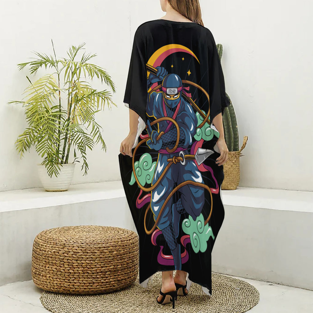 Ninja Warrior Print Silk V-Neck Kaftan Dress