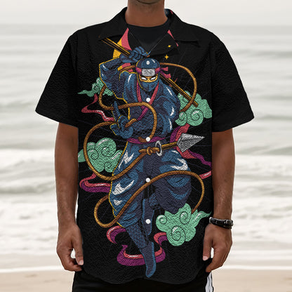 Ninja Warrior Print Textured Short Sleeve Shirt