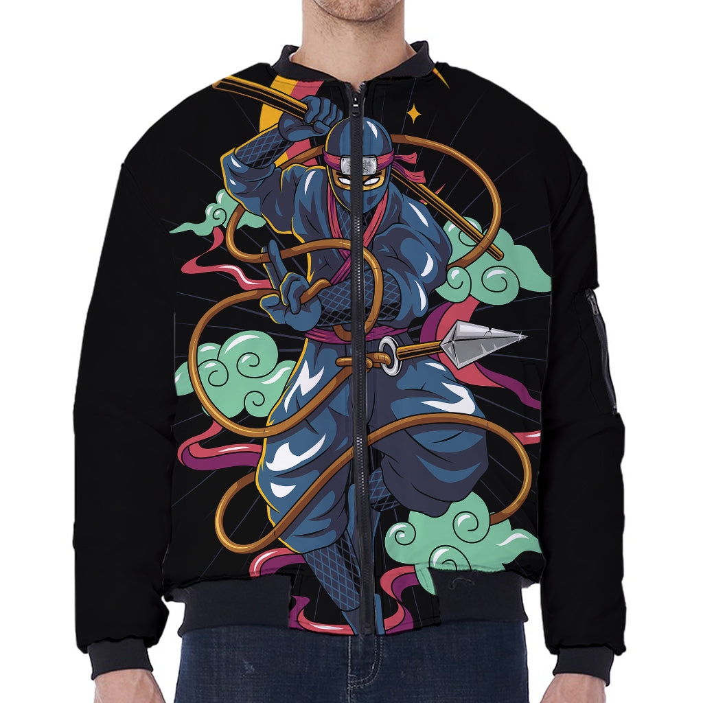Ninja Warrior Print Zip Sleeve Bomber Jacket