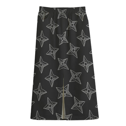 Ninja Weapon Pattern Print Cotton Front Slit Maxi Skirt