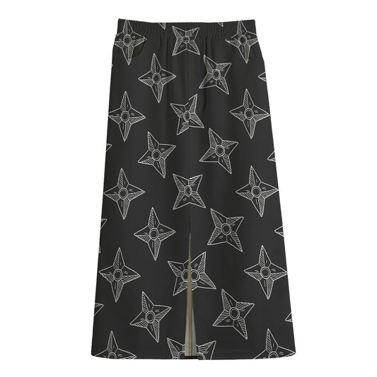 Ninja Weapon Pattern Print Cotton Front Slit Maxi Skirt