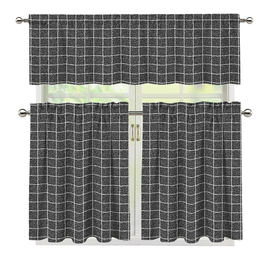 Noisy Windowpane Pattern Print 3 Piece Kitchen Curtains