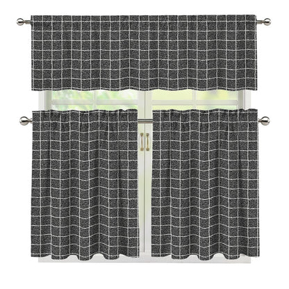 Noisy Windowpane Pattern Print 3 Piece Kitchen Curtains