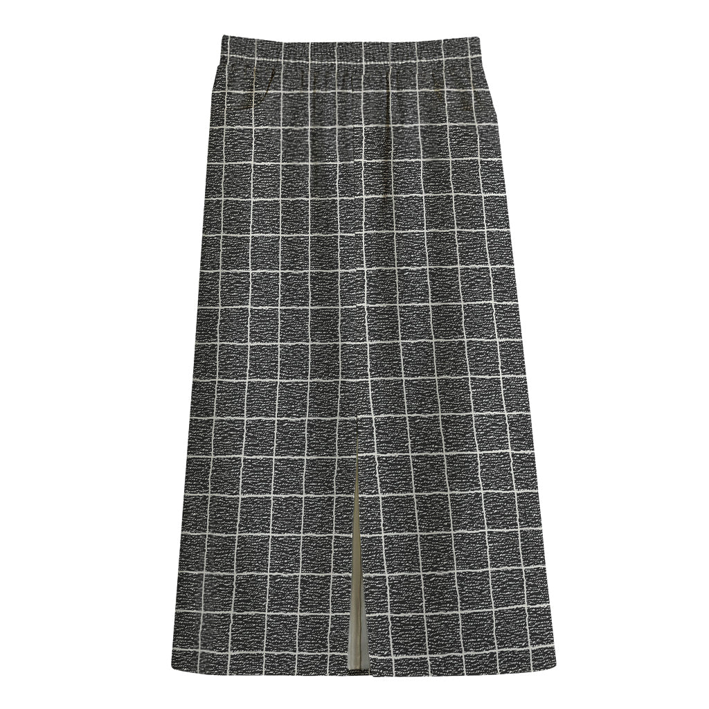 Noisy Windowpane Pattern Print Cotton Front Slit Maxi Skirt