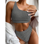 Noisy Windowpane Pattern Print One Shoulder Bikini Top