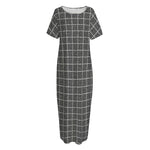 Noisy Windowpane Pattern Print Short Sleeve Long Nightdress